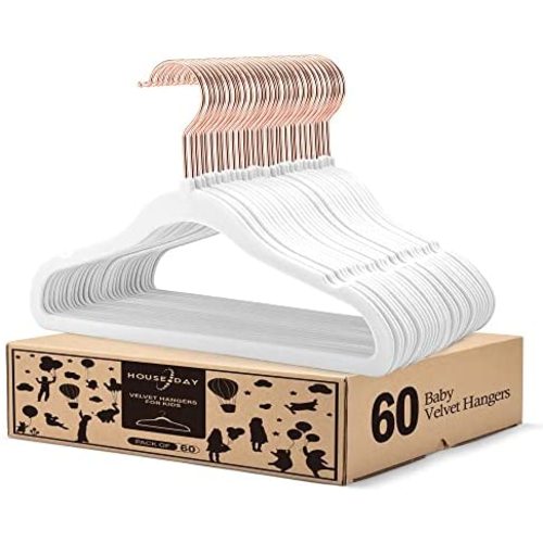 HOUSE DAY Premium Velvet Baby Hangers 60 Pack, Ultra Thin Non Slip Toddler Hangers, Cute Baby Clothes Hangers for Nursery, Strong Durable Infant/Newborn Hangers for Baby Clothes Closet (White)