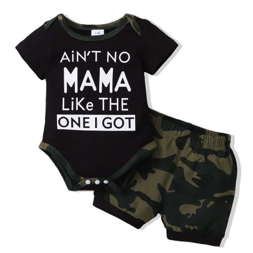 Kucnuzki Newborn Baby Boys Summer Outfits 0-3 Months Clothes Sets Short Sleeves Romper Letter Print Top Camouflage Shorts Sets 2pcs Black