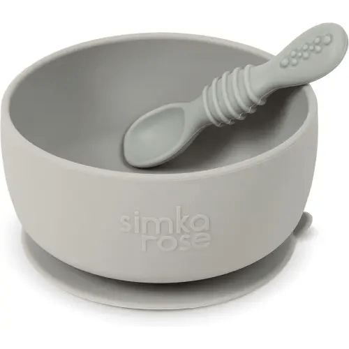 Simka Rose Baby Bowl & Spoon Set, Baby Bowls Suction for Toddler, BPA-Free Silicone Bowls Baby, Baby Bowl & Spoon Dishwasher & Microwave Safe Baby Feeding Supplies (Grey) - Silicone Suction Bowl