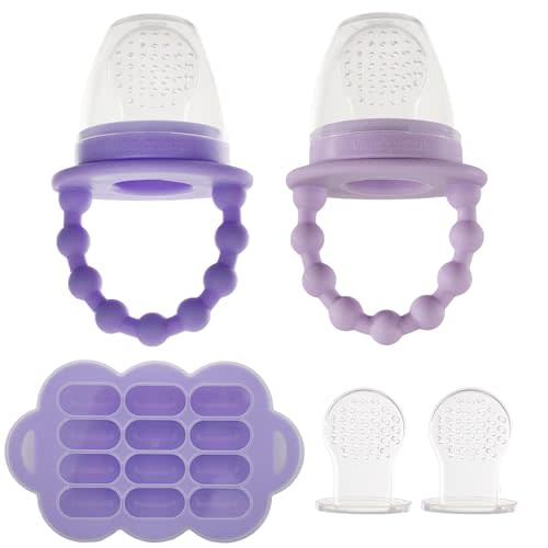 WeeSprout Silicone Baby Food Feeders + Freezer Tray for Batch Prep, Set of 2, Introduce New Foods Safely, Double as Teething Toys, Includes 2 Extra Pouches & Travel Lids, Dishwasher Safe