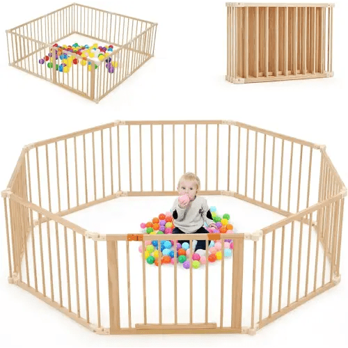 Wooden Baby Playpen 74”×74” Playpen for Babies and Toddlers, Foldable Wooden Play Yard with Gate Safety Play Yard with Locking Gate, Adjustable & Expandable Kids Activity Center (8 Panels)