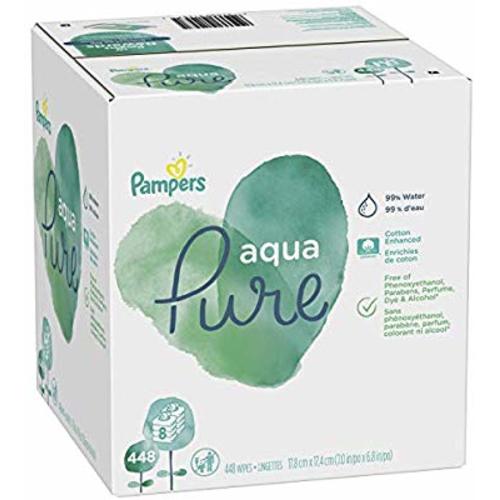 Baby Wipes, Pampers Aqua Pure Sensitive Water Baby Diaper Wipes, Hypoallergenic and Unscented, 8X Pop-Top Packs, 448 Count