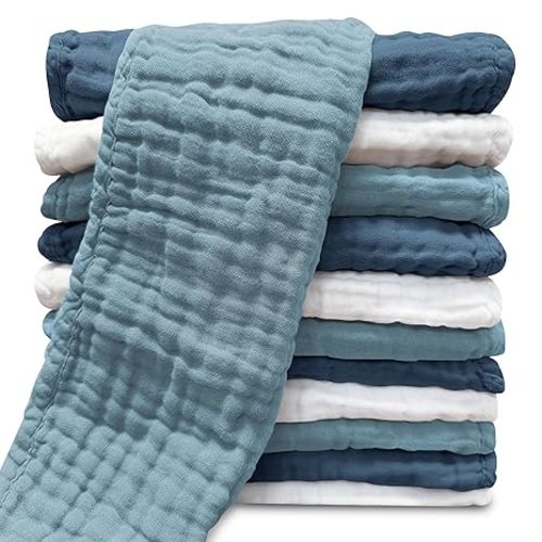Muslin Burp Cloths for Baby 100% Cotton Burping Cloths for Unisex, Boy, Girl - Large 20'' by 10'' Newborn Essentials Ultra Soft Absorbent Milk Spit Up Rags - 12 Pack - White+Light Navy Series