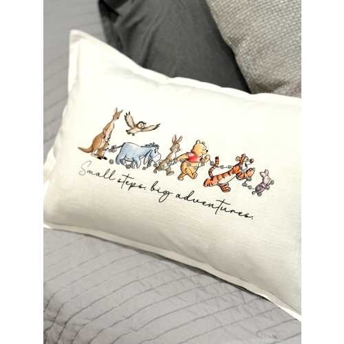 Winnie the Pooh Pillow, 12x20 Cream Lumbar Pillow with Insert, Small Steps Big Adventures Quote Cushion, Nursery Decor, Storybook Gift
