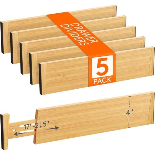 Lifewit 5 Pack 4" High Bamboo Drawer Dividers, 17-21.5" Adjustable Drawer Organizers for Clothes, Wood Dresser Drawer Divider, Expandable Deep Drawer Separators for Dresser, Kitchen, Bedroom, Bathroom
