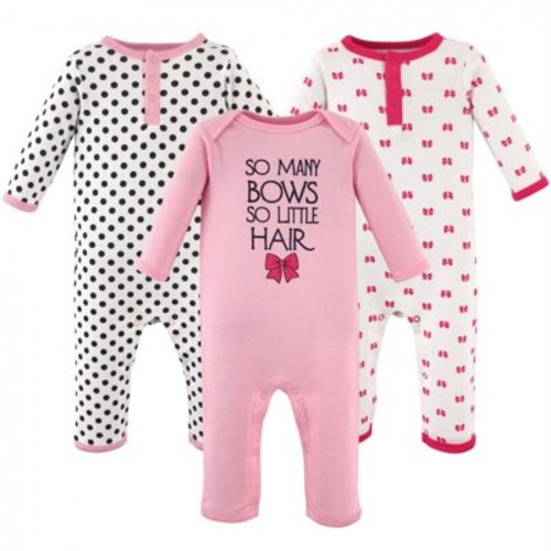 Hudson Baby Infant Girl Cotton Coveralls 3pk, So Many Bows, 0-3 Months
