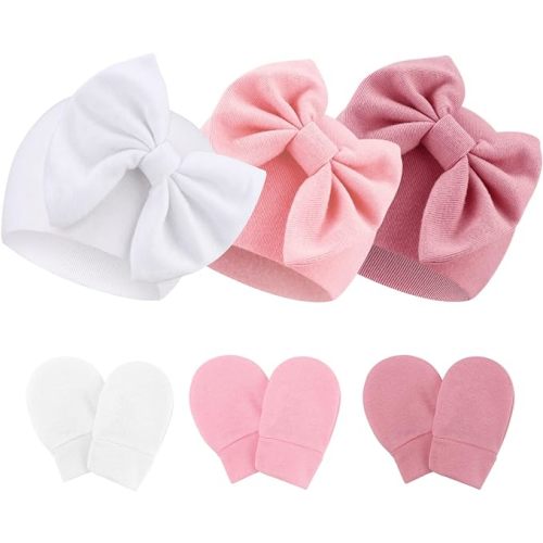 Newborn Baby Hats and Mittens Set Infant Bow Beanie Cap Toddler Gloves Newborn Hospital Hats for Baby Boy Girl Kid 0-6 Months
