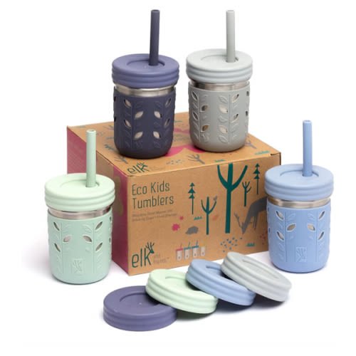 Elk and Friends 10oz Stainless Steel Kids + Toddler Drinking Cups | The Original Mason Jar with Sleeves + Lids | Silicone Straws | Smoothies | Storage Jar | Spill Resistant | Dishwasher Safe | 4 Pack