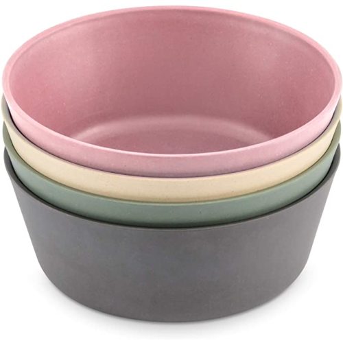 WeeSprout Bamboo Kids Bowls, Set of Four 10 oz Kid-Sized Dinnerware, Cereal, Leftovers & Snack Bowl, Dishwasher Safe (Pink, Green, Gray, & Beige)