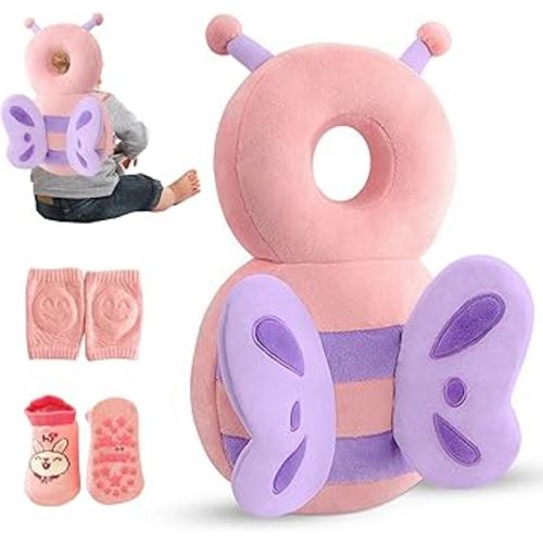 Baby Head Protector Backpack – Toddler Safety Cushion for Crawling & Walking – Infant Fall Protection Pillow with Adjustable Straps – Comes with Knee Pads & Non-Slip Baby Socks (Butterfly)
