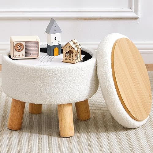 Small Foot Stool Ottoman with Storage, Sherpa Ottoman Foot Rest for Couch, Round Footstool with Storage, Small Ottomans and Footstools for Living Room and Entryway (White)