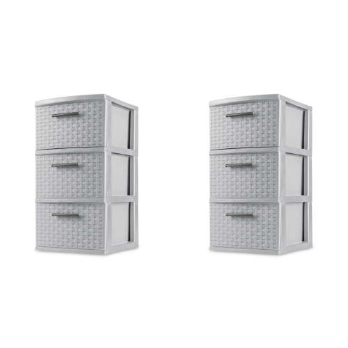Sterilite 3 Drawer Weave Tower, Plastic Décor Drawers with Pull Handles, Light Gray, 2 Count