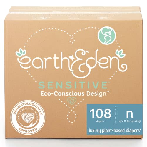 Earth & Eden Sensitive Baby Diapers, Newborn, No Harsh Chemicals, 108 ct | Eco-Conscious, Hypoallergenic, No Harsh Chemicals, Dermatologically Approved