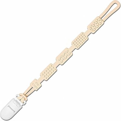 Silicone Pacifier Clip with 4 Teething Textures, One-Piece Patented Design, Dishwasher Safe, Secure Plastic Clip, Fits All Pacifiers, Baby’s Aid (Buttercream)