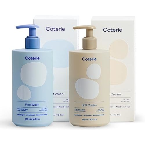 Coterie Baby Bath Skincare Essentials Set | 16.2 oz Shampoo + Body Wash, 16.2 oz Face + Body Lotion | Fragrance Free, Hypoallergenic, pH Balanced, Safe for Newborns & Sensitive Skin