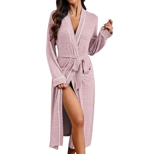 Ekouaer Womens Robe Long Bathrobe Lightweight Soft Knit Kimono Robes Ladies Casual Sleepwear S-3XL