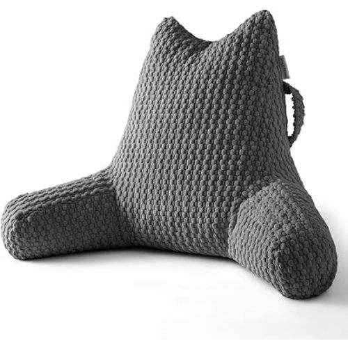 Standard Reading Pillow for Bed Sitting Up, Backrest Pillow with Shredded Memory Foam Filling, Back Support Cushion, Bed Rest Pillow with Arms, Pockets and Washable Cover-Grey