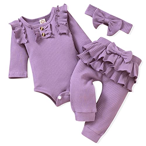 Aalizzwell Preemie Newborn Infant Baby Girls Clothes Ribbed Bodysuit Pants Set Fall Winter Outfits