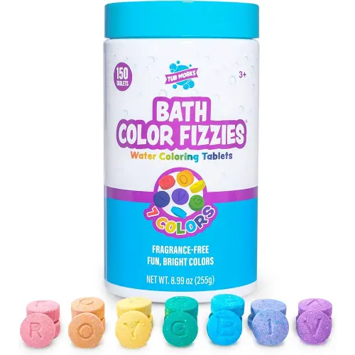 Tub Works® Bath Color Fizzies, 150 Count | Nontoxic & Fragrance-Free | Fizzy, Bath Color Tablets for Kids | Create Fun Bath Colors | Water Tablets in 7 Colors for Variety | Bath Bombs for Kids Bath