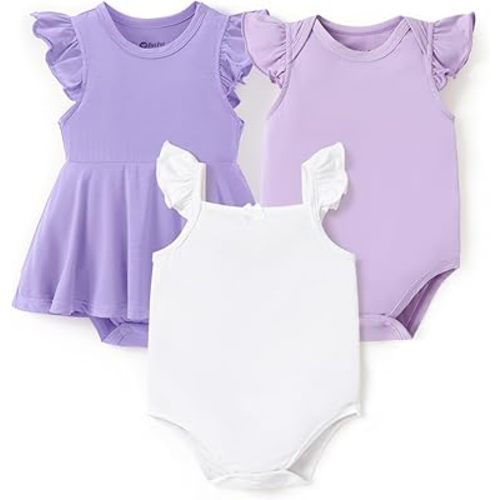 PATPAT Baby Girl Bodysuits - Soft Bamboo Viscose - Flutter Sleeves Cute Dress - Newborn Infant Summer Clothes - 3 Pack