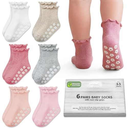 Mother's Choice Organic Cotton Ruffle Baby Socks 6 Pairs Non Slip Socks For 6M To 5Y Toddlers With Soft Fabric For Daily Use