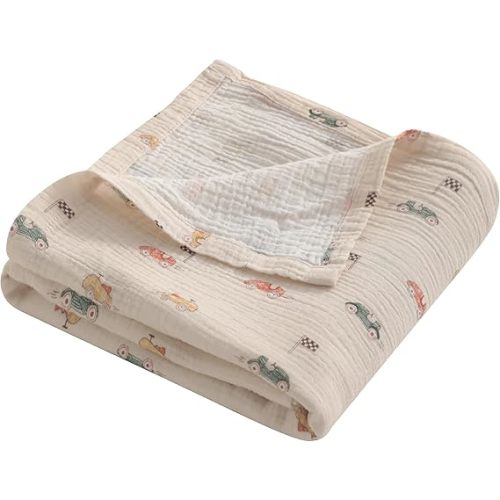NTBAY 2 Layer Muslin Cotton Baby Swaddle Blanket, 30x40 Soft and Breathable Receiving for Newborns and Infants, Perfect for Crib, Stroller, Travel, Lightweight Nursery Blanket, Retro Race Car