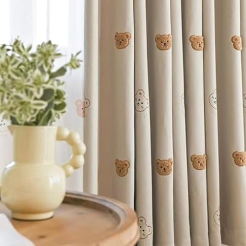Cartoon Bears Window Curtains for Kids Room Nursery Animal Embroidery Blackout Curtains Room Darkening Window Drapes for Girls Boys Bedroom Living Room Grommet, 1 Panel (W52 L84 inch,Beige Cloth)