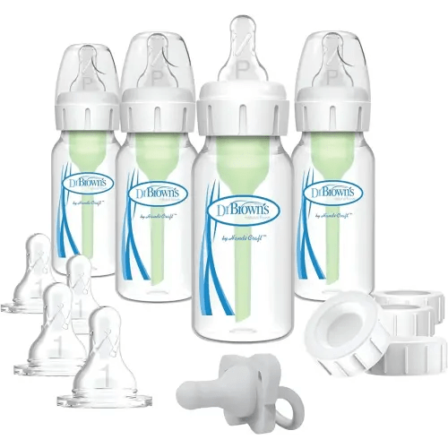 Dr. Brown's Anti-Colic Breast to Bottle Feeding Set with Slow Flow Nipples, Travel Caps, and Silicone Pacifier - Gray