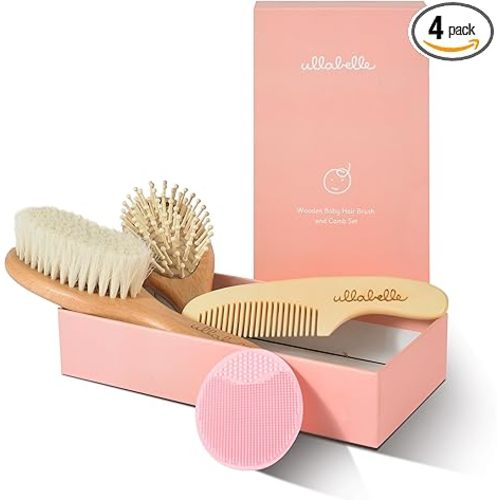 4 Piece Wooden Baby Hair Brush and Comb Set for Newborns & Toddlers in Chic Gift Box - Ultra Soft Natural Goat Hair and Wood Baby Brush Set Prevents Cradle Cap - Perfect Registry Gift (Pink)
