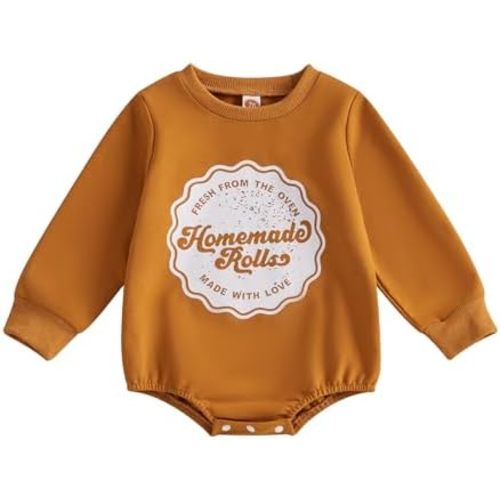 Gueuusu Unisex Baby Boy Girl Thanksgiving Outfit Homemade Rolls Bodysuit Long Sleeve Bubble Romper Retro Baby Outfit