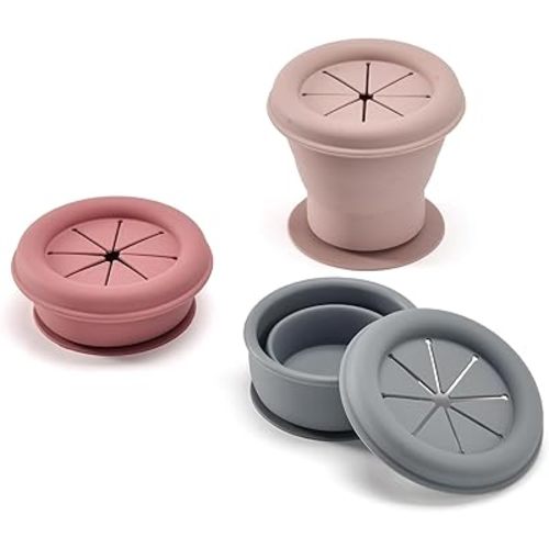 silicone snack container, snack cups for toddlers spill proof, Food Grade Silicone Cups, 3pcs, （Pink, Light Pink, Gray）
