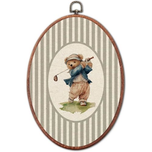Jinhaichen Vintage Bear Golf Nursery Oval Wall Art Framed, Grey Striped Wild Animal Oval Wall Decor, Unique Golf Gift Hanging Canvas Prints for Kids Toddler Room Bedroom Playroom, 8.6x11.4 Inch