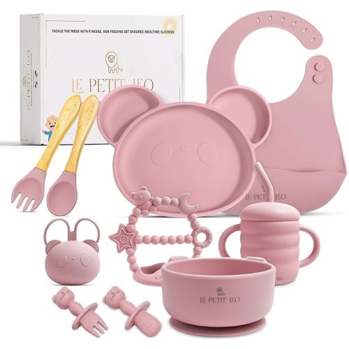 Silicone Baby Feeding Set - Complete Baby Led Weaning Supplies with Non-Toxic Silicone Bibs, Suction Plates, Suction Baby Bowl, Sippy Cup, Baby Spoons and Fork, Toddler Utensils (Angelic Pink)