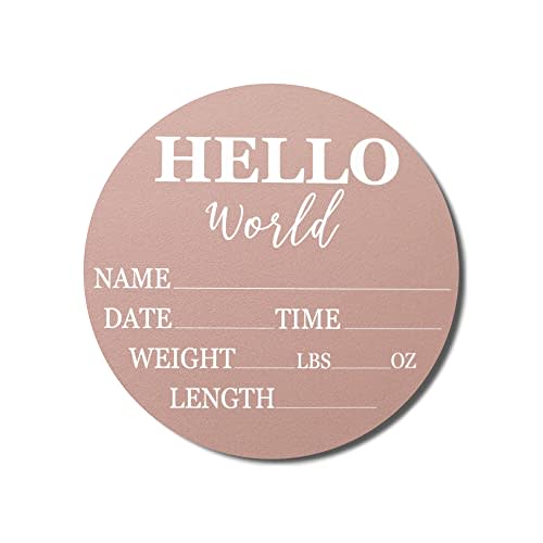 Hickory Hollow Designs - Baby Announcement Sign for Newborn Boys and Girls (Color Bases) - Hello World Nursery Decor Sign & Photo Prop for Babies Made of Birch Wood - 6" Circle Board (Pink)