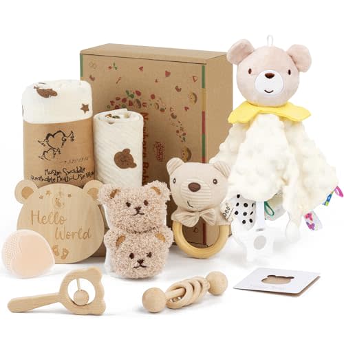 Baby Gift Set for Baby Shower - 10 Piece Newborn Box with Essentials | Include Muslin Swaddle Blanket, Security Blanket, Wooden Rattles, Bib, Socks,Brush, Milestone Card for First Visit Gift
