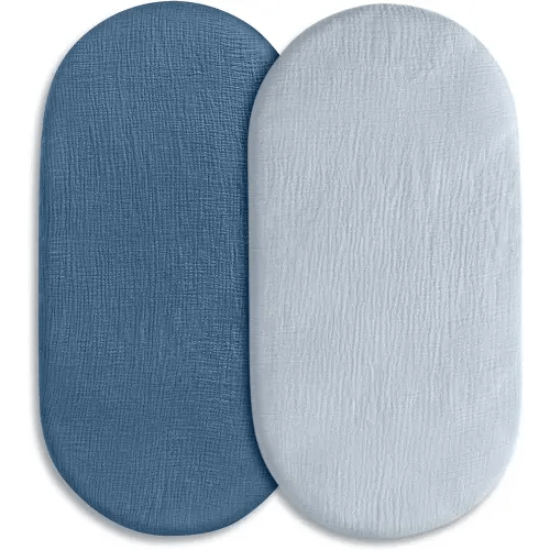 Muslin Bassinet Fitted Sheets 2 Pack, Soft Breathable Cotton Baby Bassinet Mattress Sheet Set, 360° Elastic Snug Fit, Universal for Oval, Rectangle & Hourglass Cradle, Baby Bedding (Bright Colors)