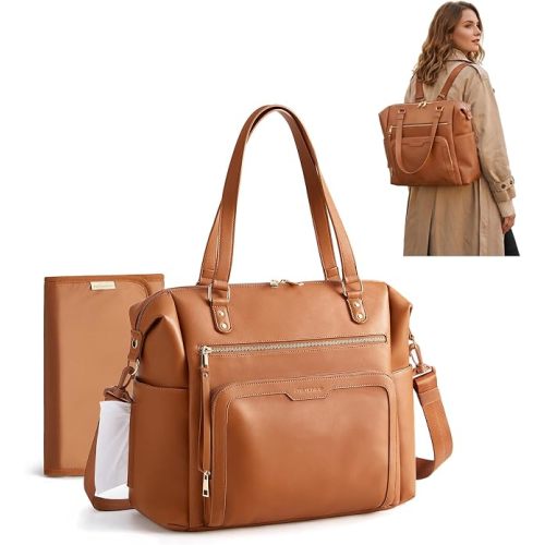 mommore Convertible Diaper Bag, Converts into Diaper Backpack Crossbody Bag, PU Leather Tote with Waterproof Changing Pad