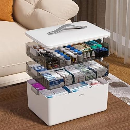 JOYBOS 3-Tier Medicine Storage Box Cabinet, Empty First Aid Kit Portable Medical Supply Organizer with Leather Handle for Home 3-Tier Medicine Storage Box