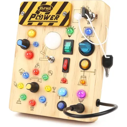 Joyreal Montessori Busy Board Wooden Sensory Toys for Toddler with LED Light Up Switch, Baby Fidget Board Travel Toys for 18+ Months, Boys Girls Birthday, Medium