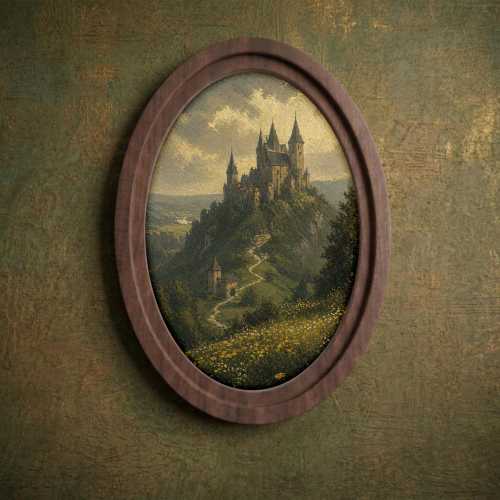 Vintage Castle Canvas Art in Oval Wood Frame – Fantasy Landscape Wall Decor, Rustic Medieval Style