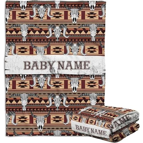 Cowboy Baby Blankets, Personalized Baby Blankets for Boys, Baby Western Blanket for Baby Boys Girl, Skull Longhorn Custom Baby Blankets Name, Tribal Pattern Fleece Blankets for Infant Newborn