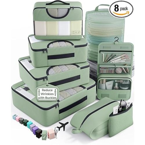 Veken 8 Set Packing Cubes for Travel Essentials,Anti-Wrinkle Buckled Suitcase Organizer for Shoe & Toiletry Bag,Carry On Luggage Bag with 99+ Count Mesh Holes for Airplane & College Dorm Accessories