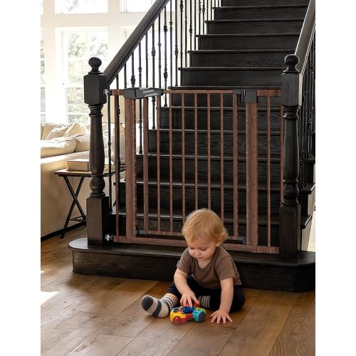 Babelio Baby Gate with Black Wood Pattern, 29-48 Inch Auto Close Dog Gate PressGuard P7 for The House, Stairs and Doorways, Pressure Mounted Pet Gate with Door and Y Spindle Rods