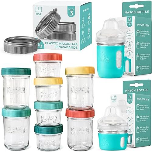 Newborn Essentials Bundle | Complete Baby Glass Bottle & Breastmilk Storage Kit | 4oz & 8oz Mason Jars w/Lid + Slow Flow Nipples for 0-3 Months + Plastic Mason Jar Rings & Caps + Silicone Sleeves
