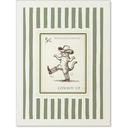 Haitunone Vintage Cowboy Cat Wall Art Whimsical Animal Posters Retro Rustic Mid West Striped Stamp Prints Sage Green Coastal Decor for Western Living Room, Bedroom or Nursery 12x16in Unframed