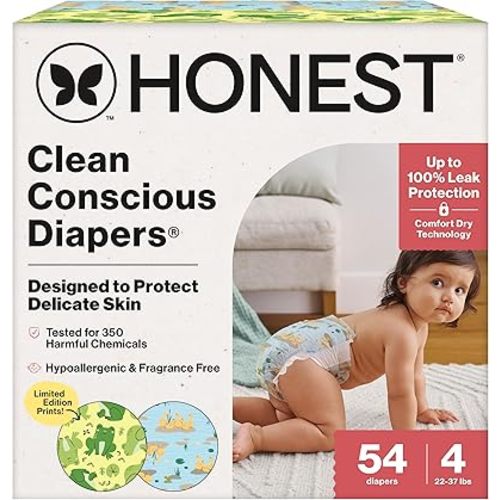 The Honest Company Clean Conscious Diapers®, Up to 100% Leak Protection, Designed to Protect Delicate Skin, Hypoallergenic + Fragrance-Free, UR Ribbiting + Waddle It Be, Club Box, Size 4, 54 Count
