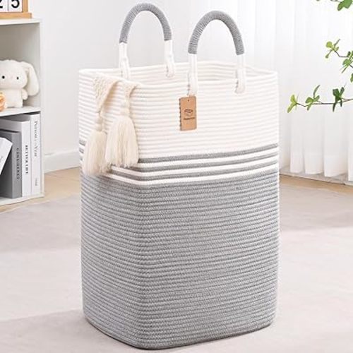 Laundry Basket Hamper,Blanket Storage,Dirty Clothes Hamper with Swivel Handles,Woven Cotton Rope Toy Baskets,Blanket Basket Living Room,Decorative Hampers for Nursery,Bedroom,White & Gray,60L