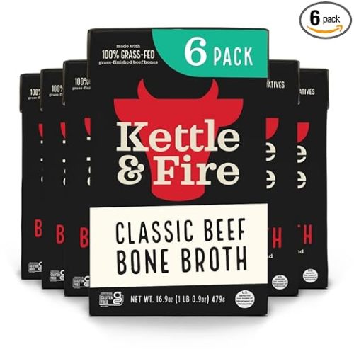 Kettle and Fire Classic Beef Bone Broth, Keto, Paleo, and Whole 30 Approved, Gluten Free, High in Protein and Collagen (6 Pack)