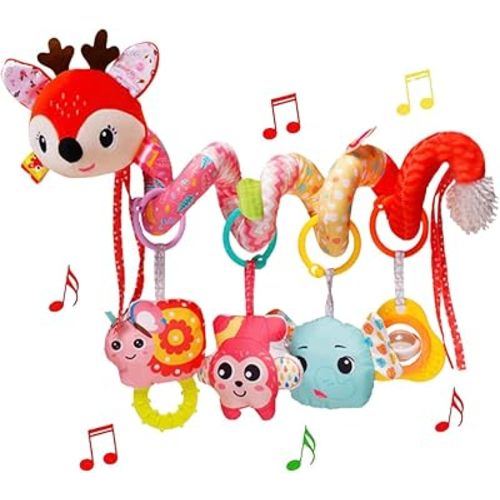 Stroller Toys, Car Seat Toys for Babies 0-6 Months Infants Activity Spiral Hanging Crib Toy Gift for Baby Boys and Girls 0 3 6 12 Months Newborn Sensory Toy with Rattles Squeaker Music- Red