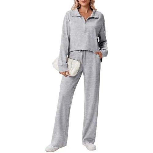 PINSPARK 2 Piece Sets for Women 1/2 Zip Sweatsuit Loose Fit Sweatshirt Straight Leg Pants 2025 Matching Outfit Fall Tracksuit